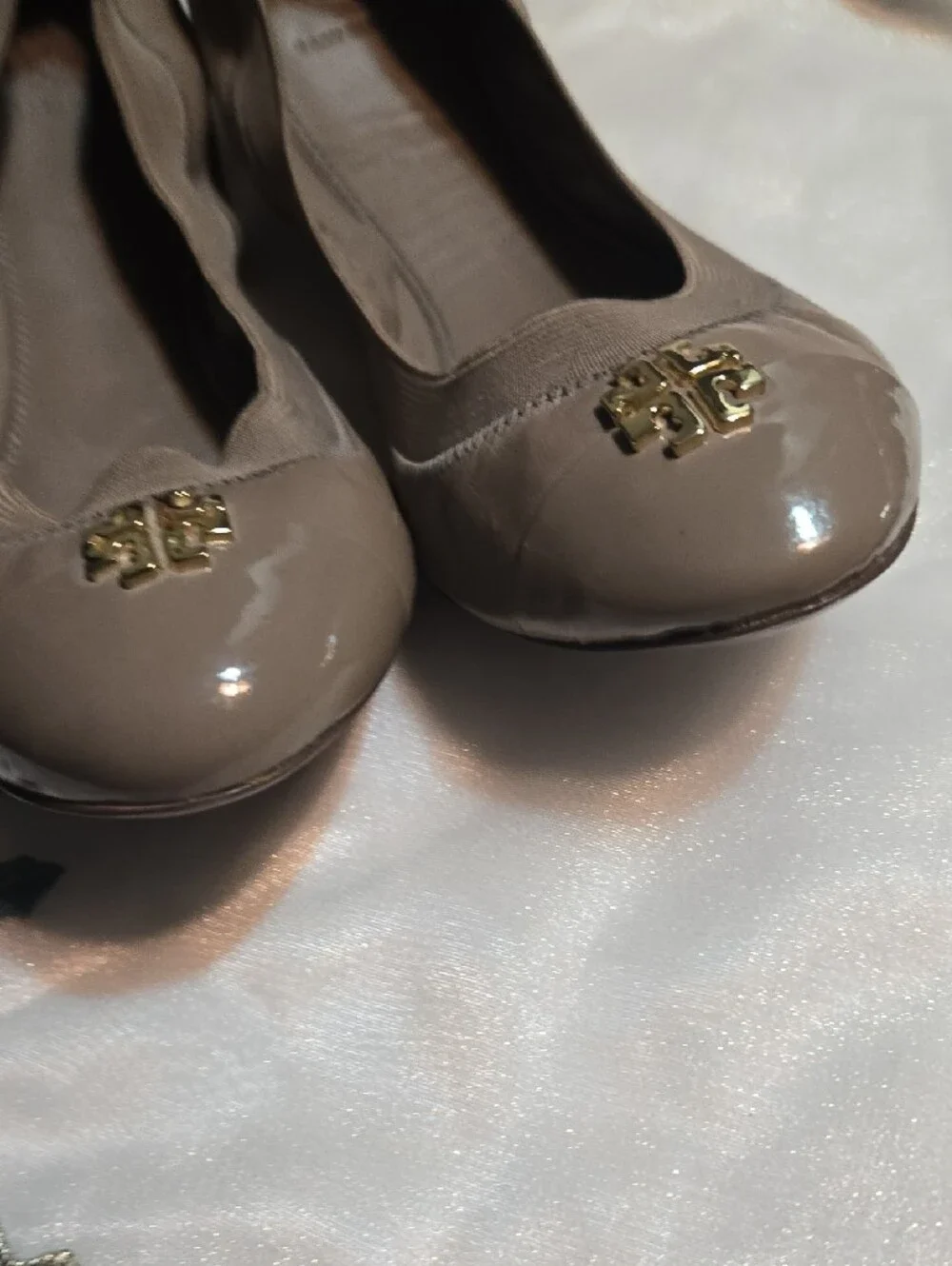 Tory Burch Taupe Patent & Leather Logo Ballet Flats